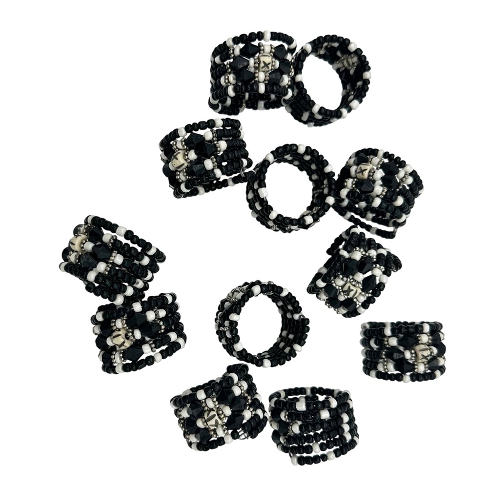 Pier 1 Imports Beaded Napkin Rings Set of 12 Black White Silver Embellished